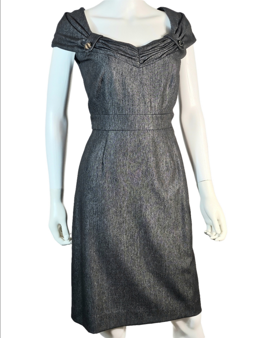 Antonio Melani Black Silver Herringbone Cap Sleeve Knee Length Sheath Dress
